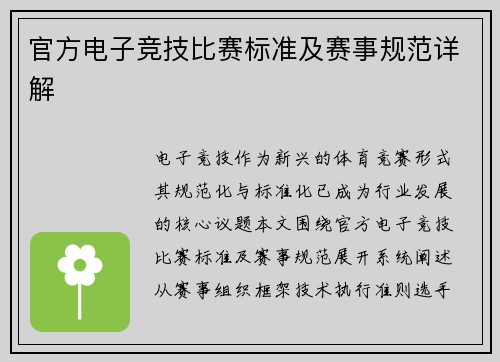 官方电子竞技比赛标准及赛事规范详解