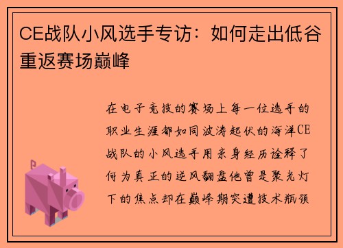 CE战队小风选手专访：如何走出低谷重返赛场巅峰